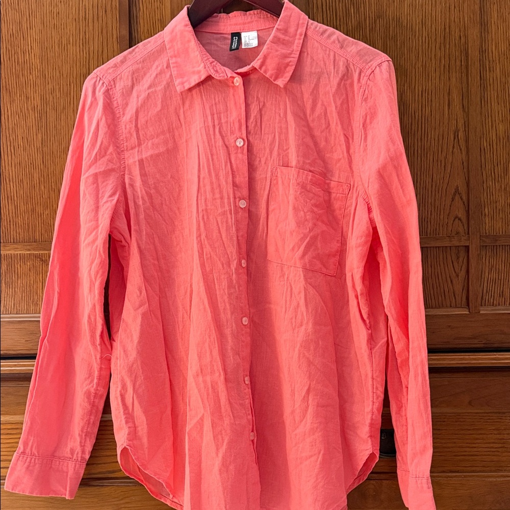 Divided H&M Coral Lightweight Crinkle Texture Button-Down Relaxed Fit Summer - Picture 1 of 5